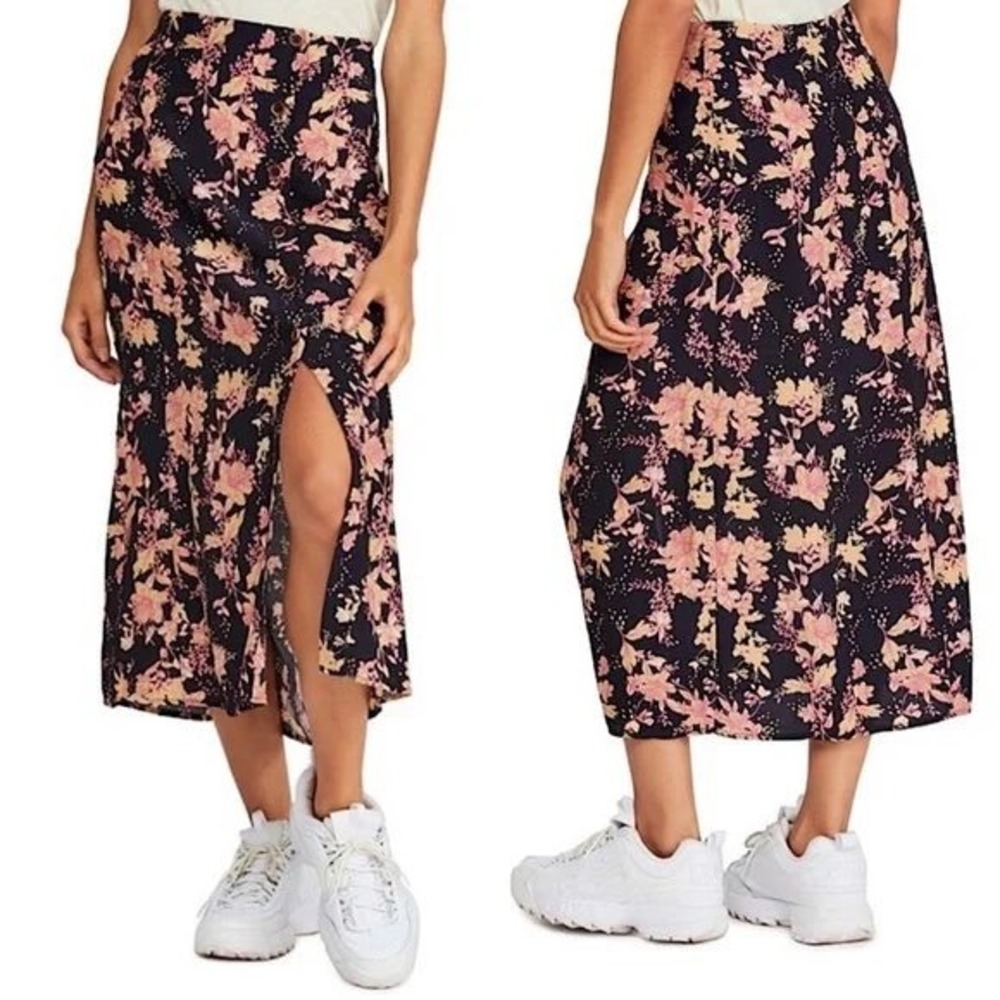 Free People size‎ 4 Floral Midi Skirt Button Front Slit Black Pink Casual Womens